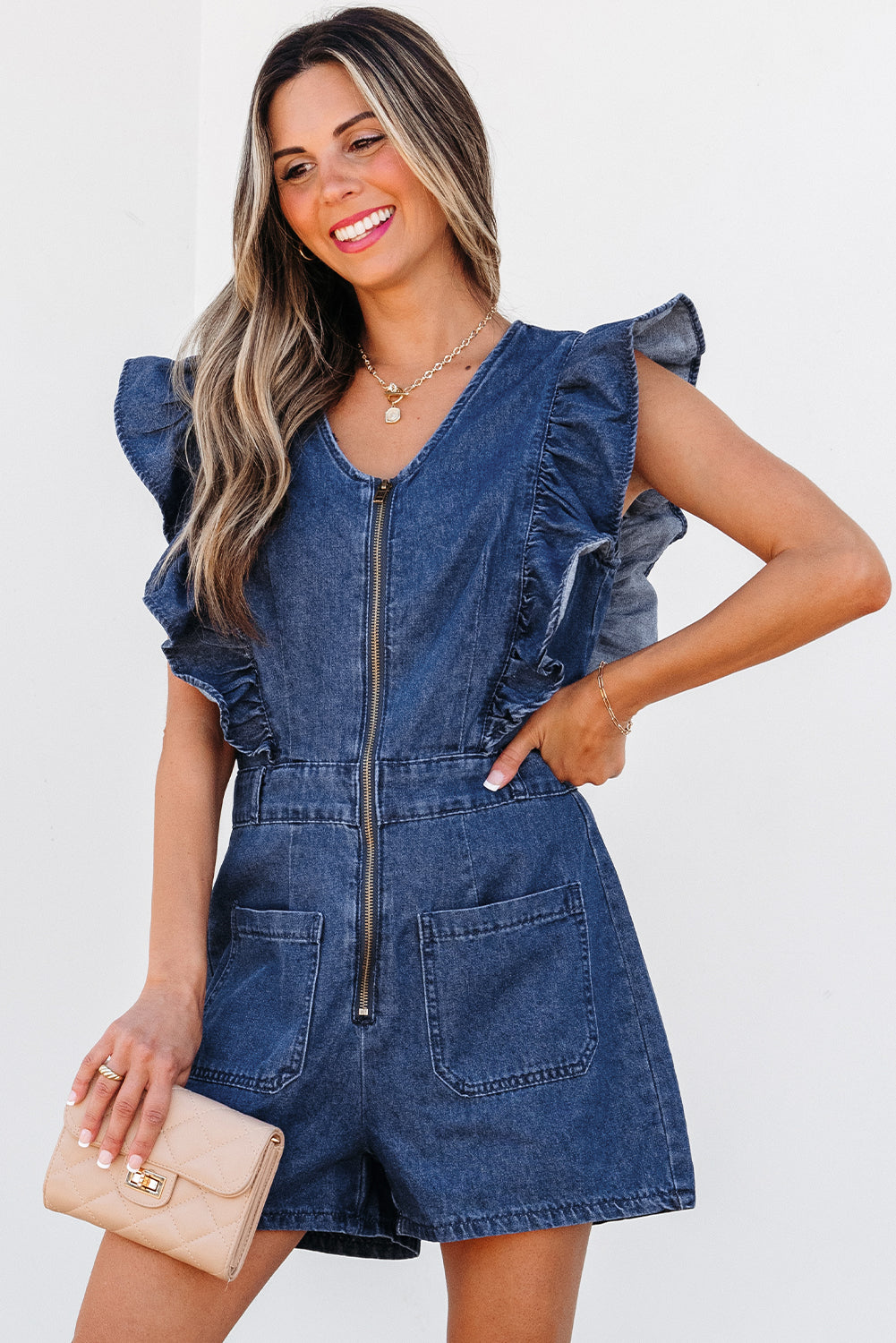 Blue Zone Planet | Sail Blue Denim Ruffled Zipped Front Belted Romper-Bottoms/Jumpsuits & Rompers-[Adult]-[Female]-2022 Online Blue Zone Planet