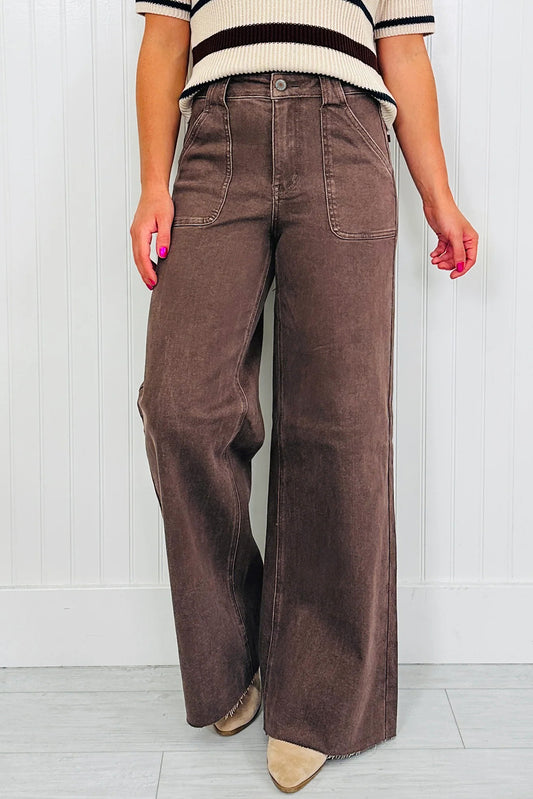 Dark Brown Retro Washed Patch Pocket Loose Jeans-Bottoms/Jeans-[Adult]-[Female]-Dark Brown-4-2022 Online Blue Zone Planet