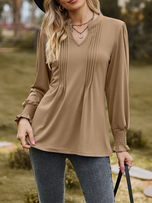 Ruched Notched Long Sleeve T-Shirt-TOPS / DRESSES-[Adult]-[Female]-Camel-S-2022 Online Blue Zone Planet