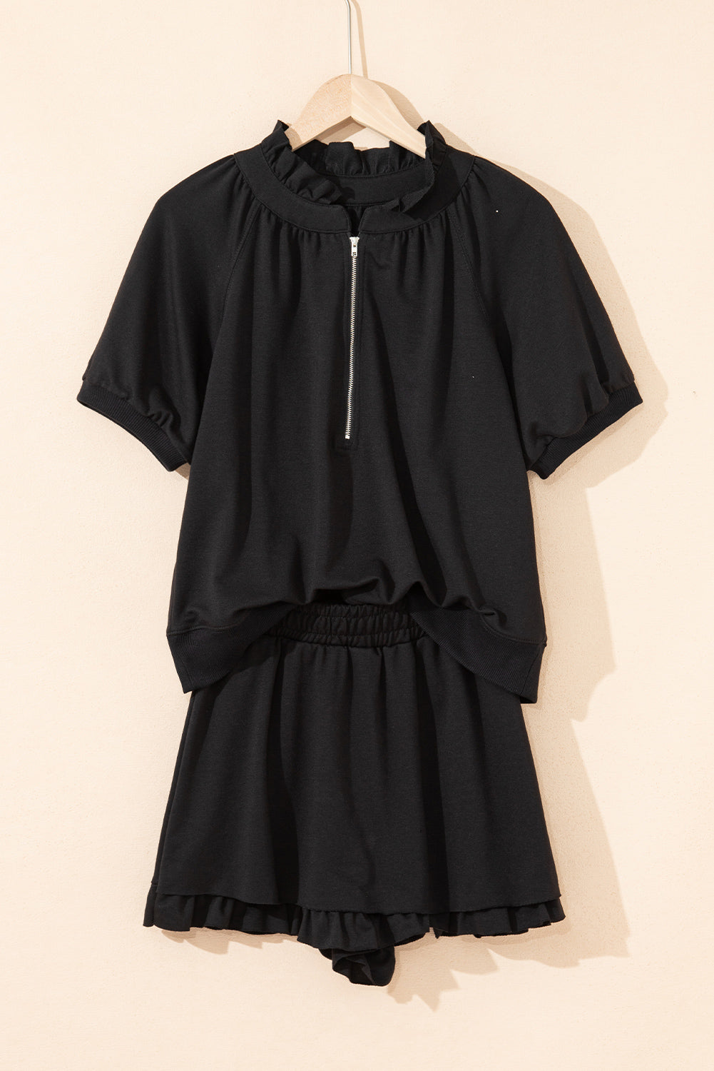 Black Half Zip Puff Sleeve Top and Ruffled Shorts Set-Two Piece Sets/Short Sets-[Adult]-[Female]-2022 Online Blue Zone Planet