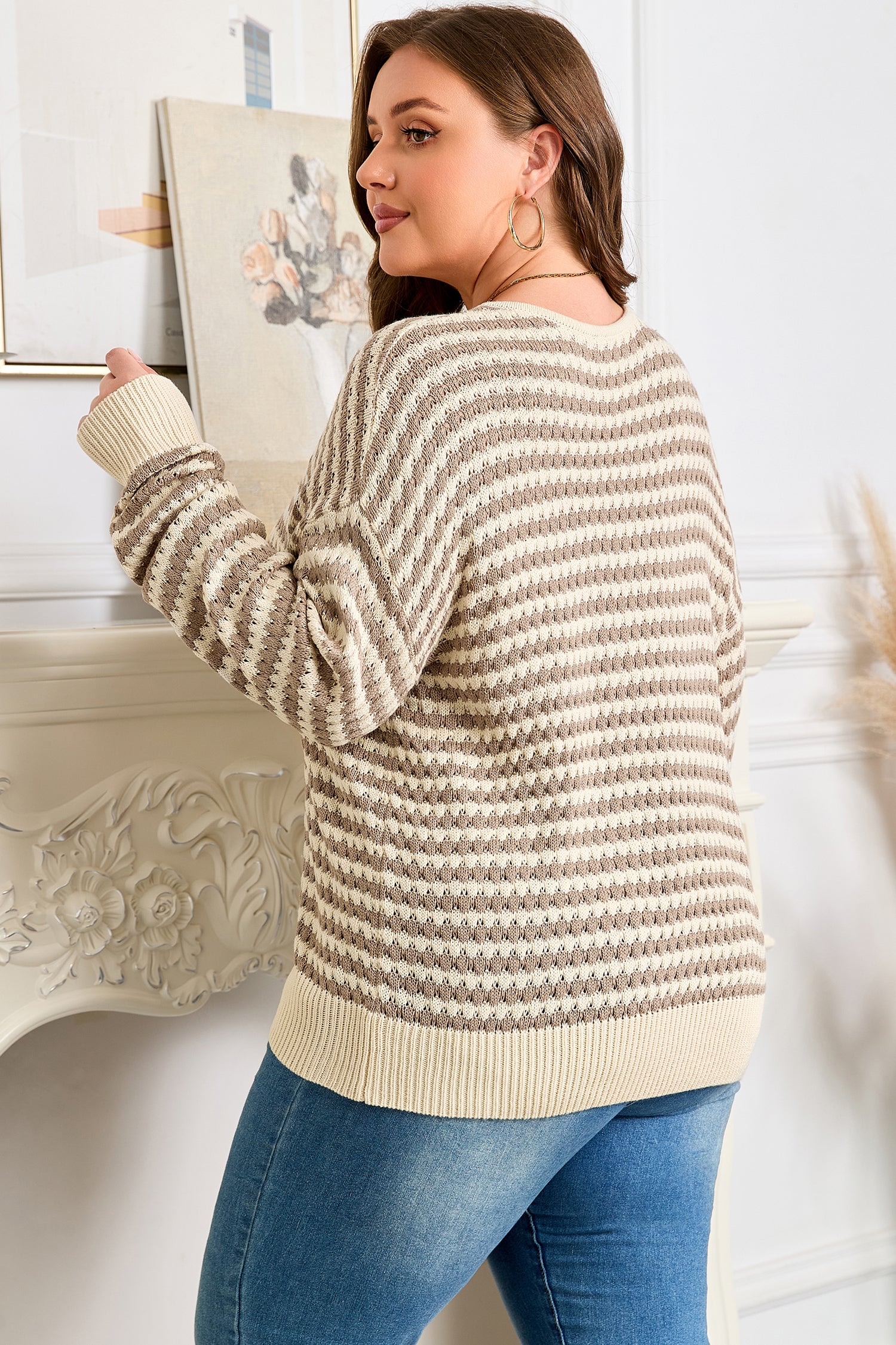 Khaki Stripe Plus Size V Neck Drop Shoulder Sweater-Plus Size/Plus Size Sweaters & Cardigans-[Adult]-[Female]-2022 Online Blue Zone Planet