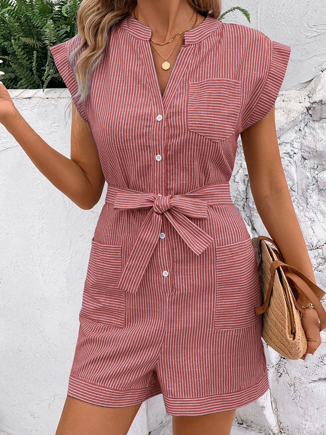 Perfee Striped Notched Tie Waist Romper-TOPS / DRESSES-[Adult]-[Female]-Dusty Pink-S-2022 Online Blue Zone Planet