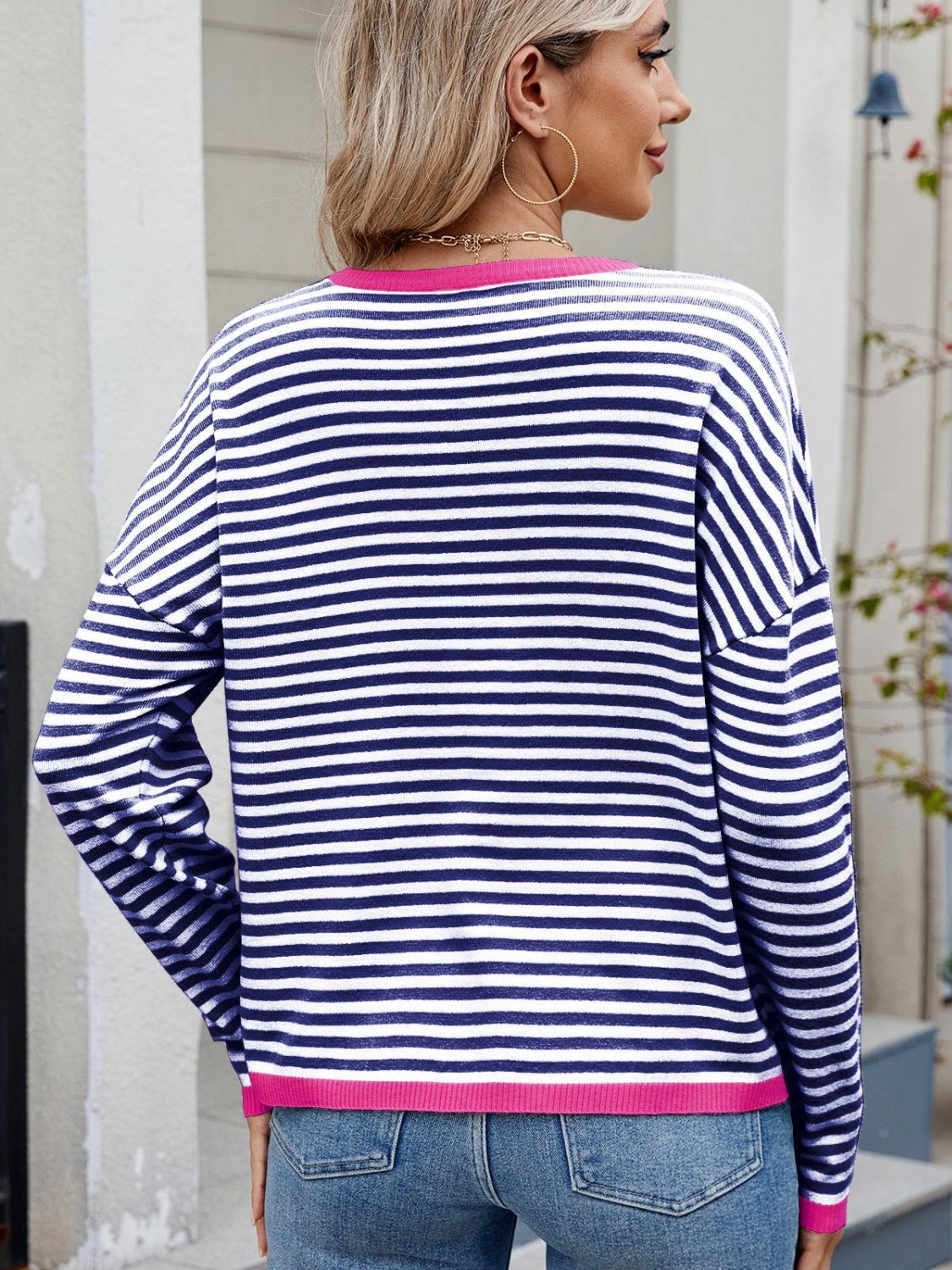 Striped Contrast Round Neck Long Sleeve Sweater-TOPS / DRESSES-[Adult]-[Female]-2022 Online Blue Zone Planet