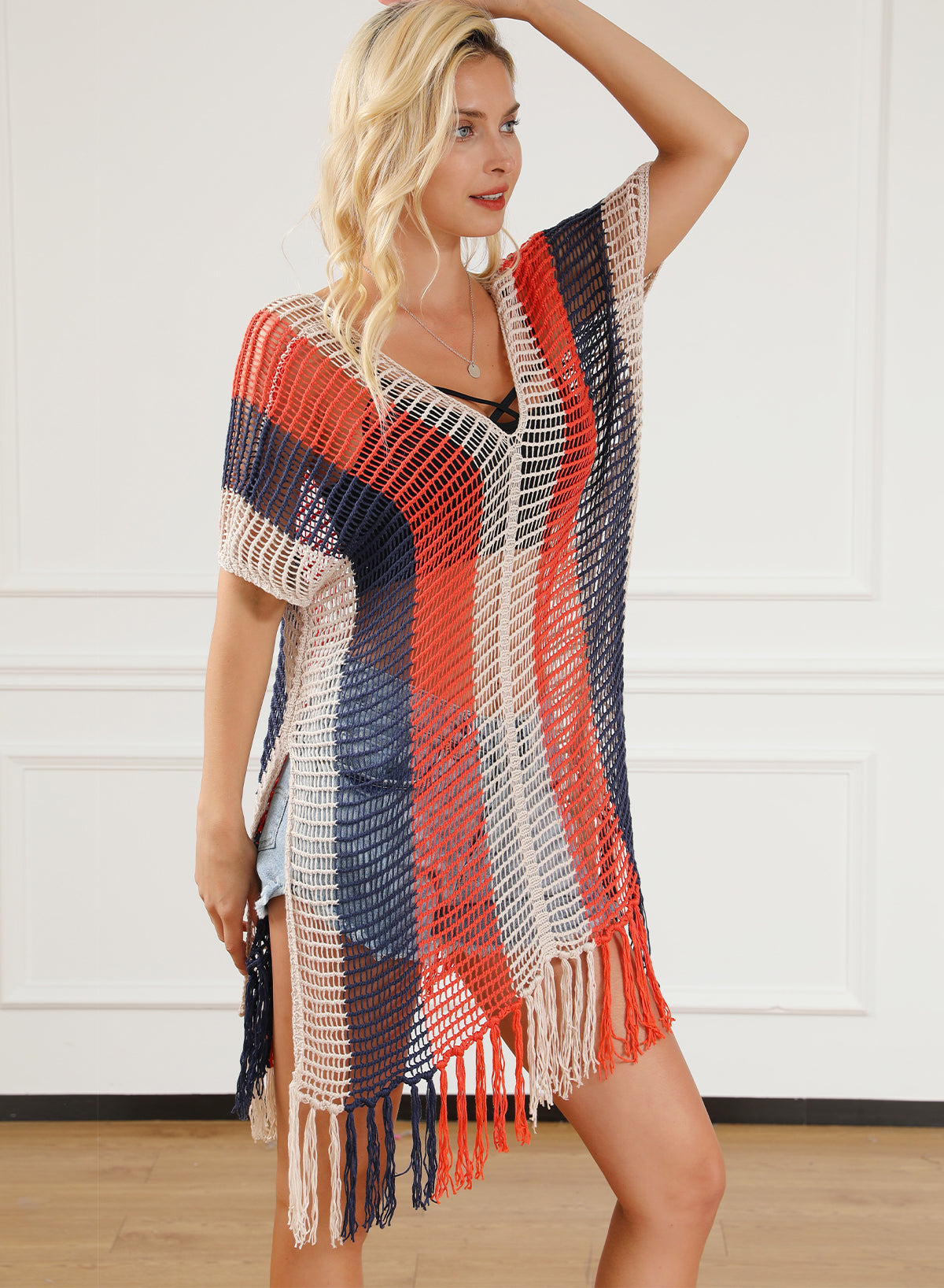 Blue Zone Planet |  Multicolor Striped Tassel Crochet V Neck Beach Cover Up Blue Zone Planet