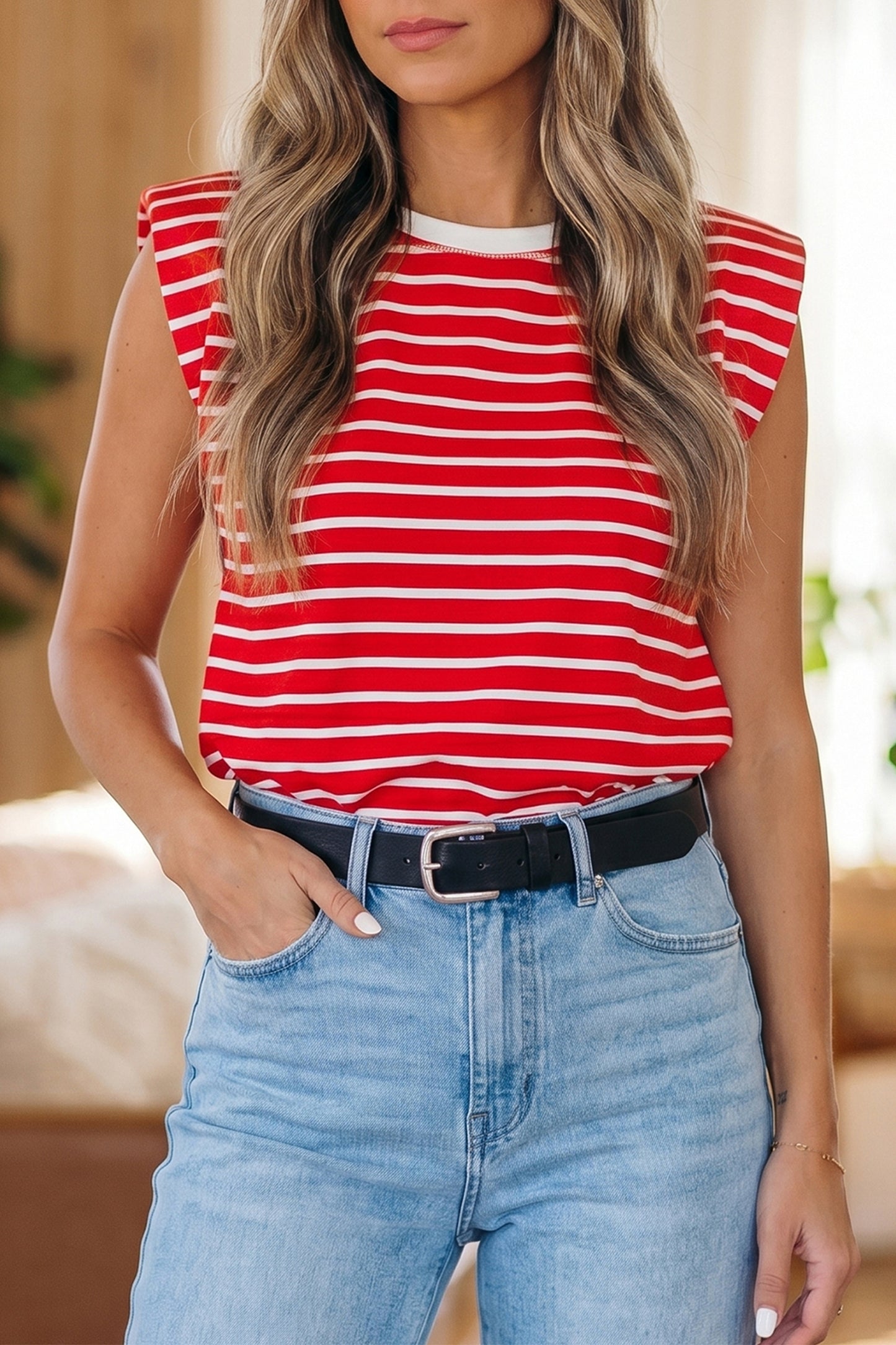 Red Stripe Ribbed Round Neck Trim Loose Tank Top-Tops/Tank Tops-[Adult]-[Female]-2022 Online Blue Zone Planet