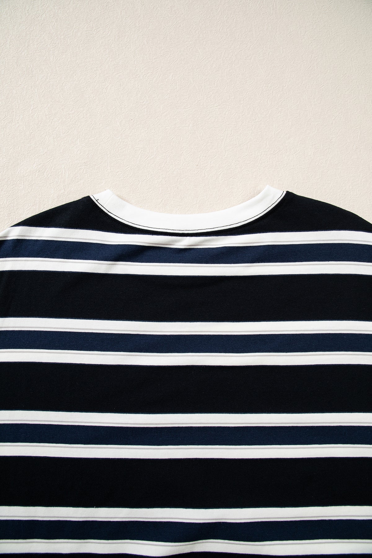 Blue Stripe Ribbed Color Block Trim Round Neck Dropped Shoulder Sweatshirt