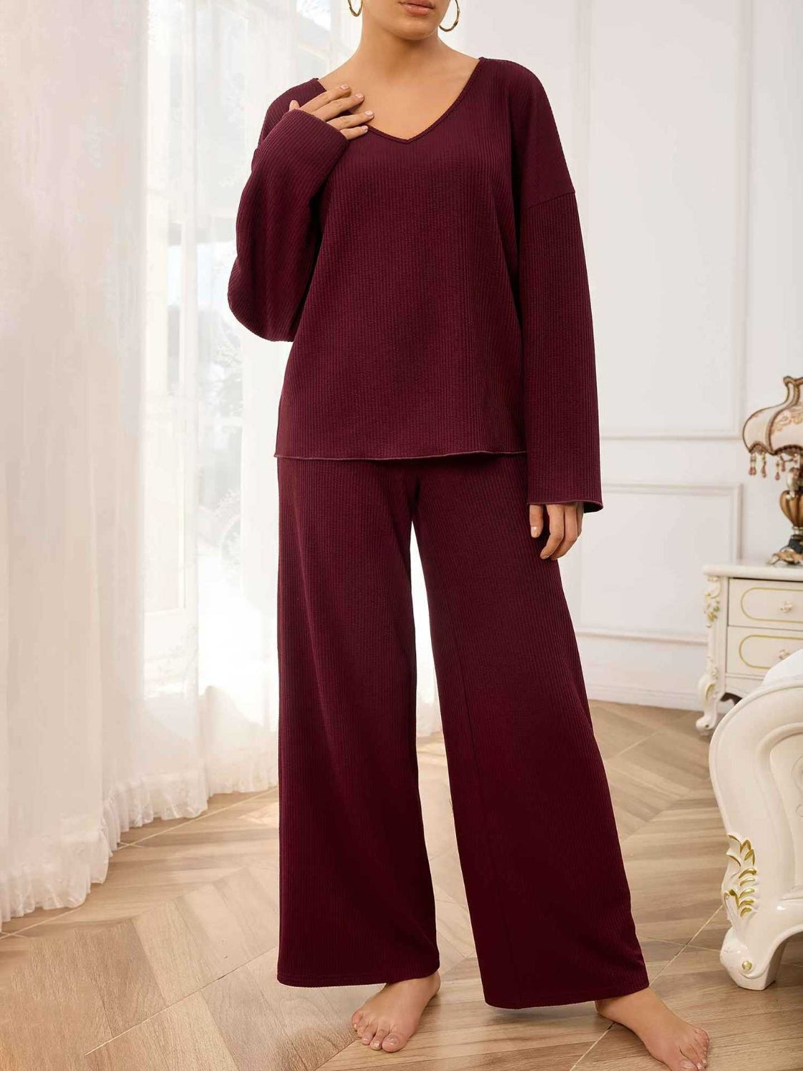 Blue Zone Planet | V-Neck Long Sleeve Top and Wide Leg Pants Set-TOPS / DRESSES-[Adult]-[Female]-Burgundy-S-2022 Online Blue Zone Planet