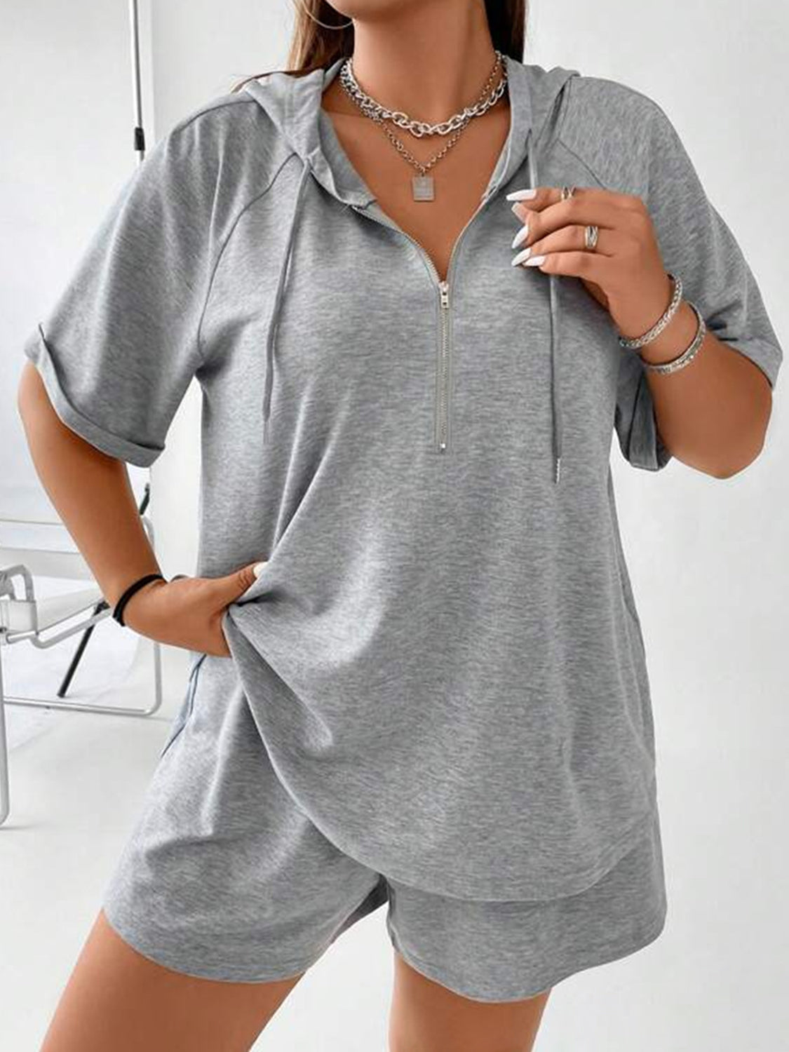 Full Size Drawstring Half Zip Hooded Top and Shorts Set Plus Size-TOPS / DRESSES-[Adult]-[Female]-Gray-S-2022 Online Blue Zone Planet