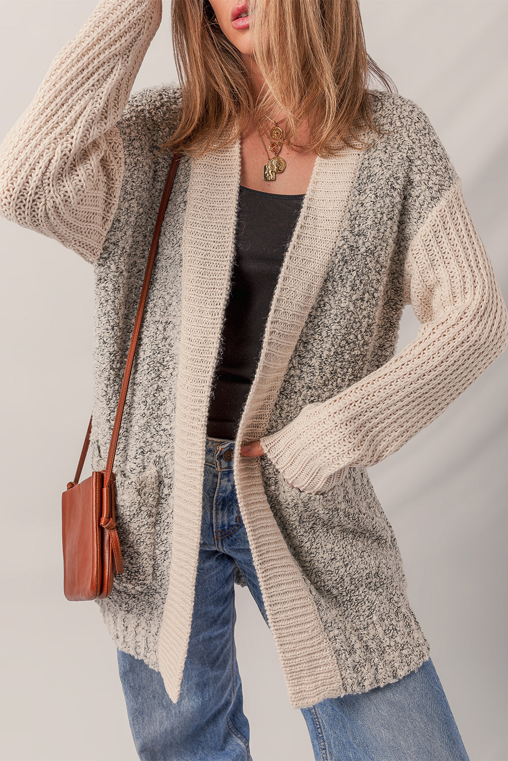 High Color Block Side Pockets Open Front Cardigan-Sweaters & Cardigans/Cardigans-[Adult]-[Female]-High-rise-S-2022 Online Blue Zone Planet