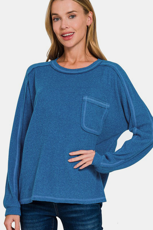 Zenana Full Size Contrast Stitching Brushed Ribbed Hacci Knit Top Plus Size-TOPS / DRESSES-[Adult]-[Female]-Royal Blue-S/M-2022 Online Blue Zone Planet