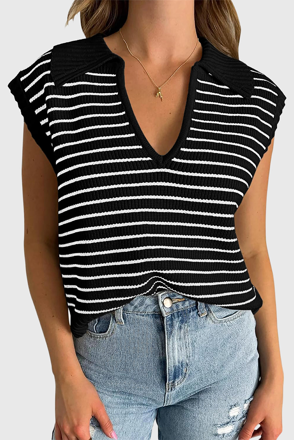 Beige Stripe Turn-down V Neck Sweater Tank Top-Sweaters & Cardigans/Sweater Vests-[Adult]-[Female]-Black Stripe-S-2022 Online Blue Zone Planet
