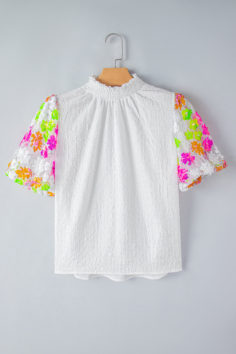White Smocked Collar Sequin Flower Puff Sleeve Textured Top-Tops/Tops & Tees-[Adult]-[Female]-2022 Online Blue Zone Planet