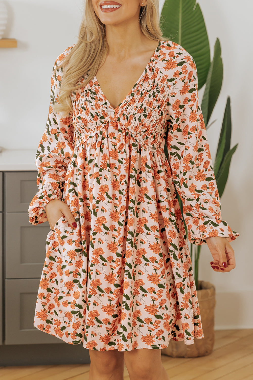 Blue Zone Planet | Beige Floral Deep V Neck Smocked Bust Bubble Sleeve Babydoll Dress-TOPS / DRESSES-[Adult]-[Female]-2022 Online Blue Zone Planet
