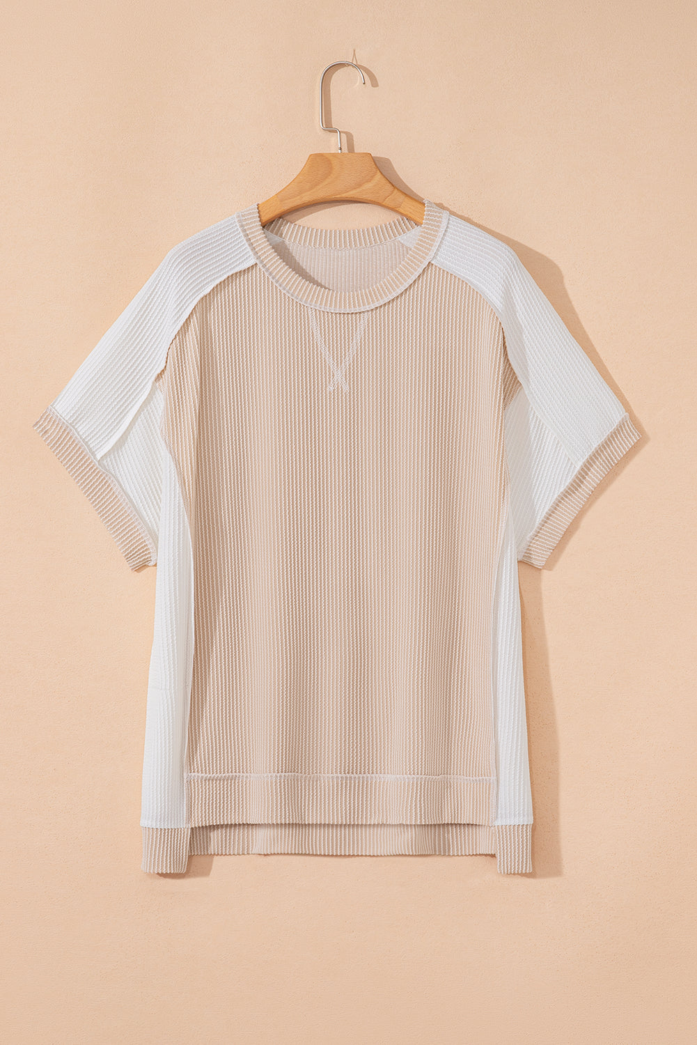 Parchment Twist Rib Colorblock Hi Low Plus Size Short Sleeve Top-Plus Size/Plus Size Tops/Plus Size Tops & Tees-[Adult]-[Female]-2022 Online Blue Zone Planet