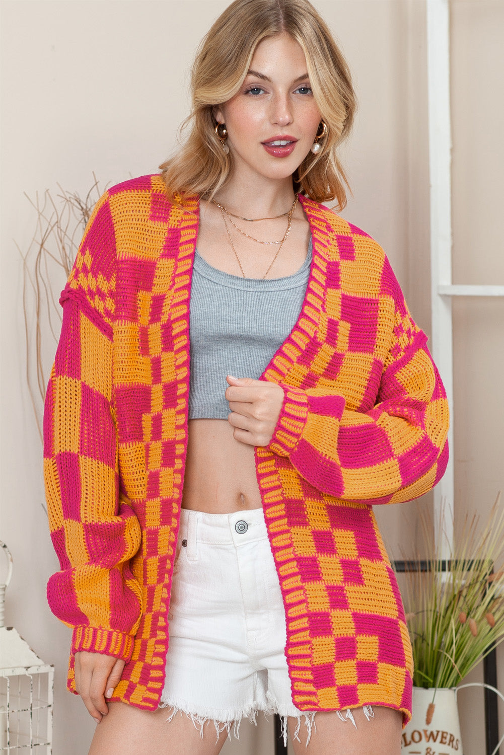 Multicolor Plaid Open Front Knitted Cardigan-Cardigans-[Adult]-[Female]-2022 Online Blue Zone Planet