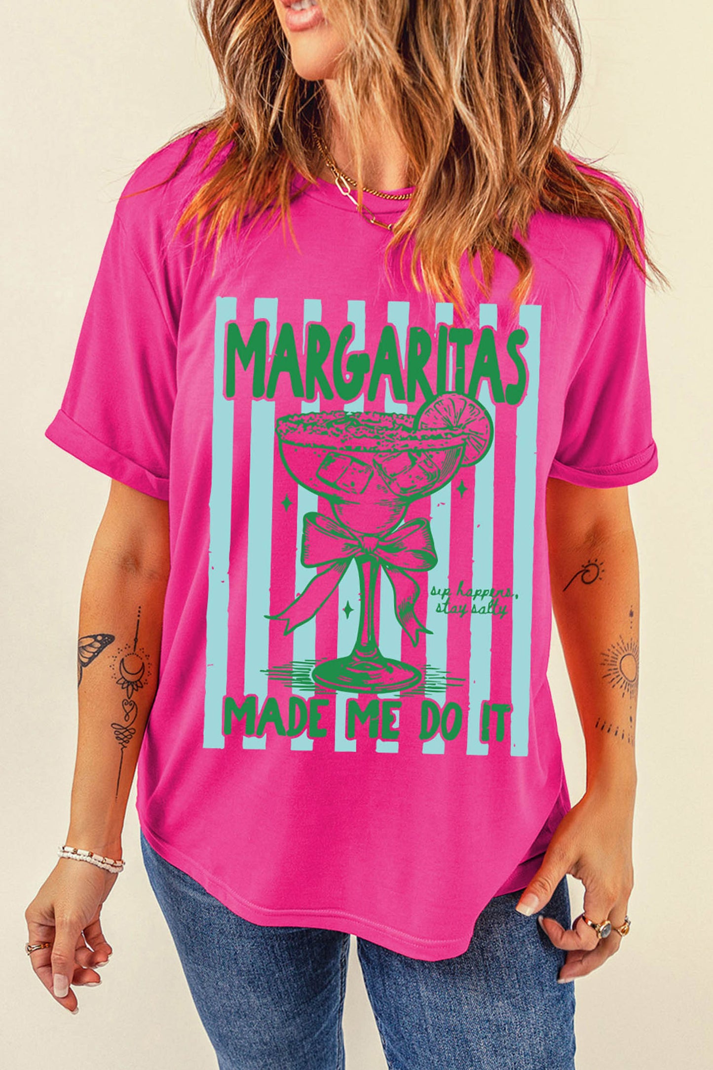 Rose Red Margaritas Made Me Do It Striped Graphic Beach Vacation Tee-Graphic/Graphic Tees-[Adult]-[Female]-2022 Online Blue Zone Planet