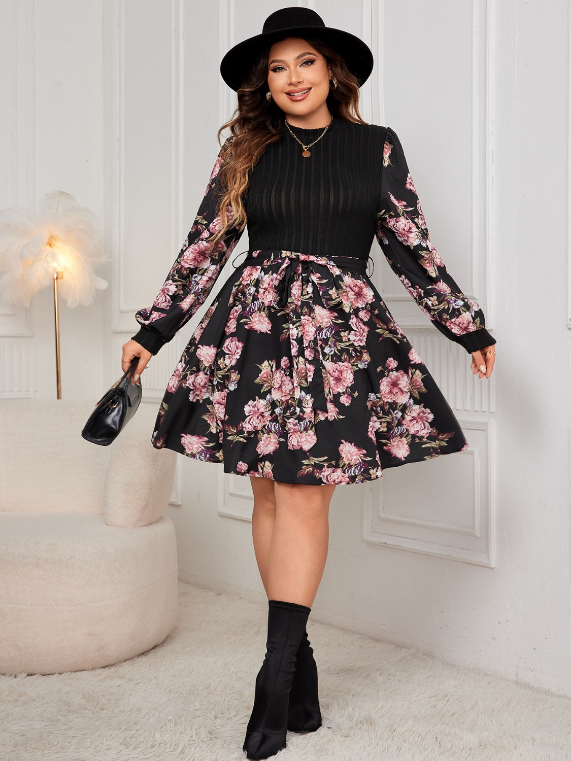 Blue Zone Planet | Plus Size Tied Printed Long Sleeve Dress-TOPS / DRESSES-[Adult]-[Female]-2022 Online Blue Zone Planet