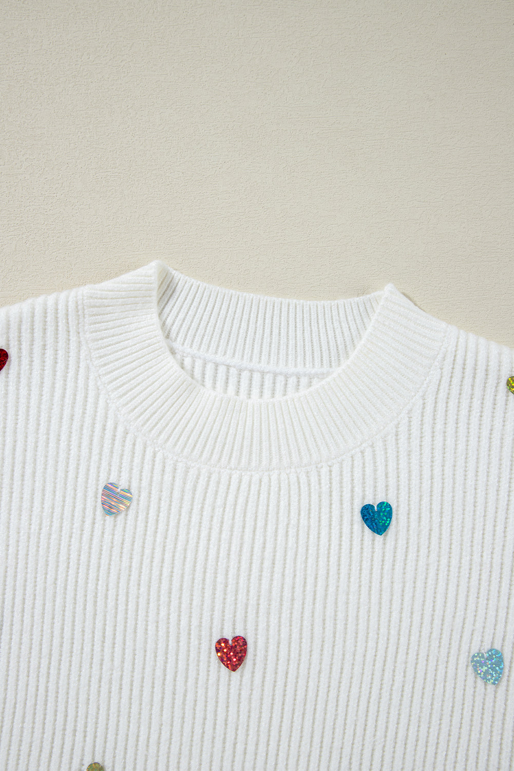 Blue Zone Planet | Beige Sequin Heart Shape Waffle Knit Round Neck Sweater-Sweaters & Cardigans/Sweaters-[Adult]-[Female]-2022 Online Blue Zone Planet