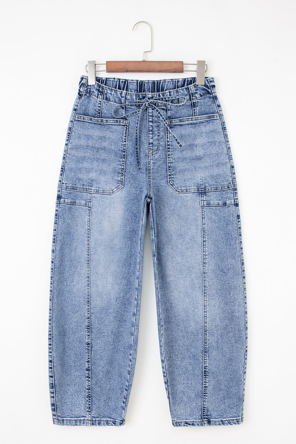 Myosotis Large Patch Pocket Drawstring Paperbag Waist Barrel Jeans-Bottoms/Jeans-[Adult]-[Female]-2022 Online Blue Zone Planet