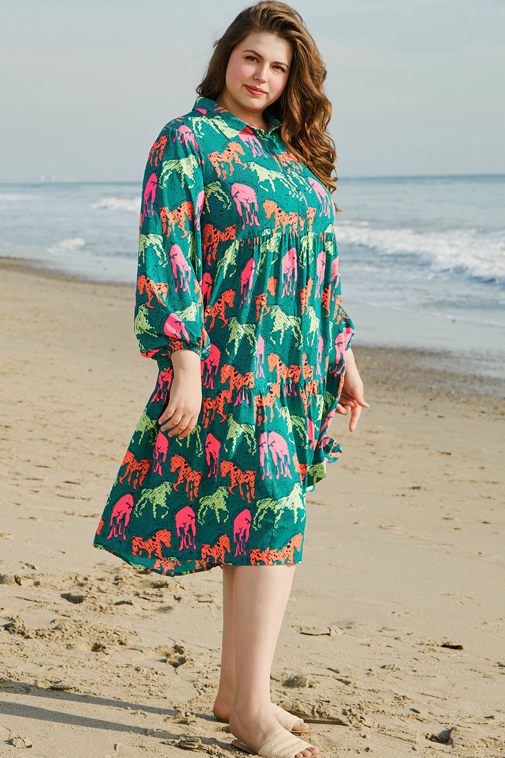 Blue Zone Planet | Green Horse Printed Long Sleeve Collared Buttoned Plus Size Midi Dress-TOPS / DRESSES-[Adult]-[Female]-2022 Online Blue Zone Planet