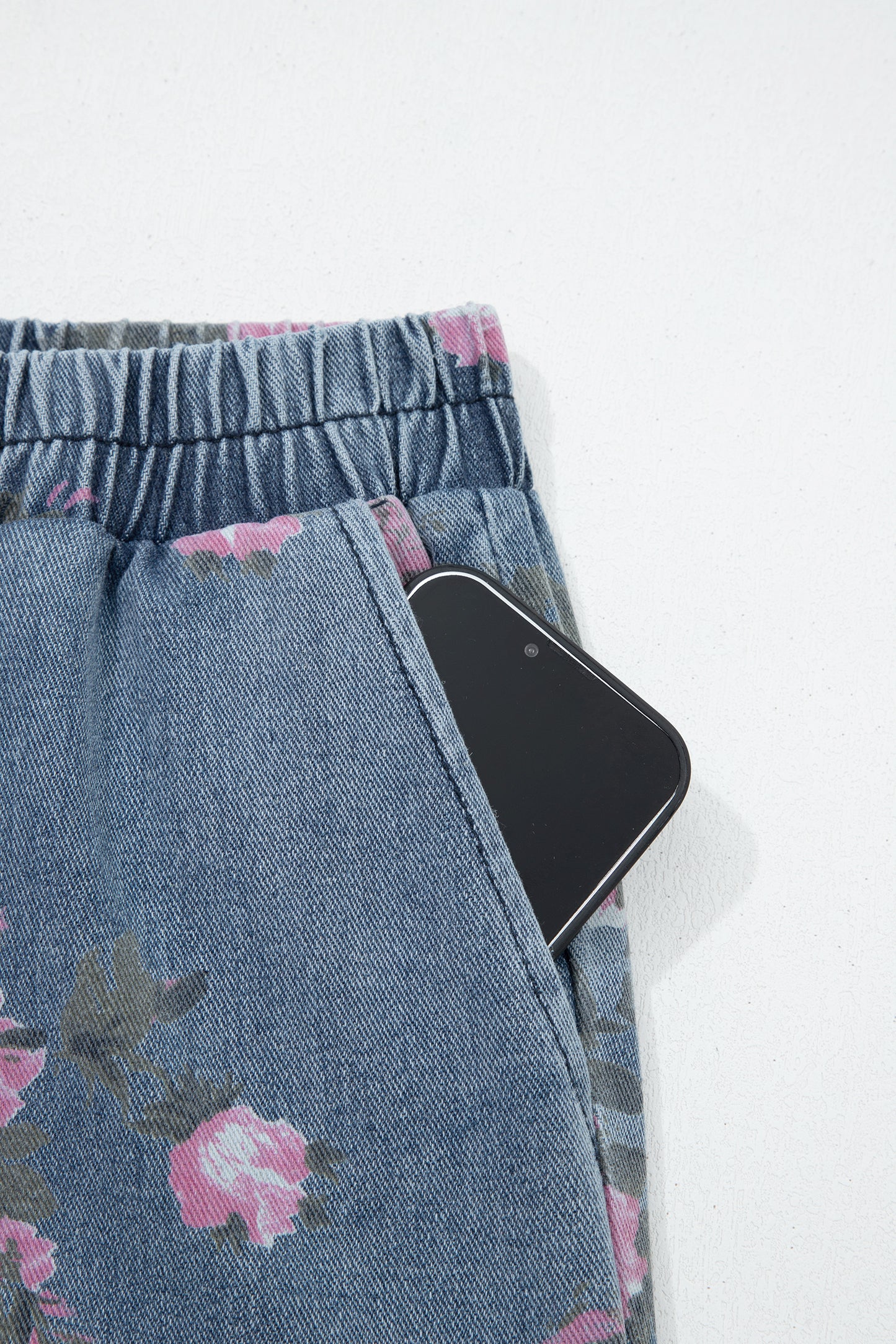 Beau Blue Floral Print Elastic Waist Pull On Casual Jeans-Bottoms/Jeans-[Adult]-[Female]-2022 Online Blue Zone Planet