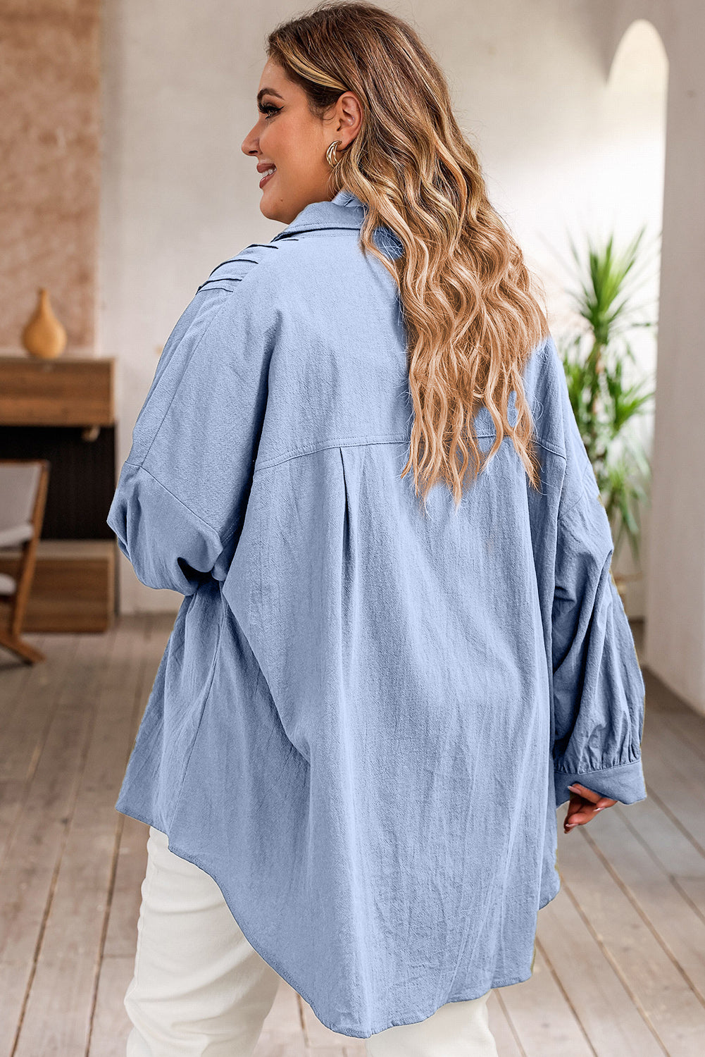 Plus Size High-Low Button Up Dropped Shoulder Shirt-TOPS / DRESSES-[Adult]-[Female]-2022 Online Blue Zone Planet