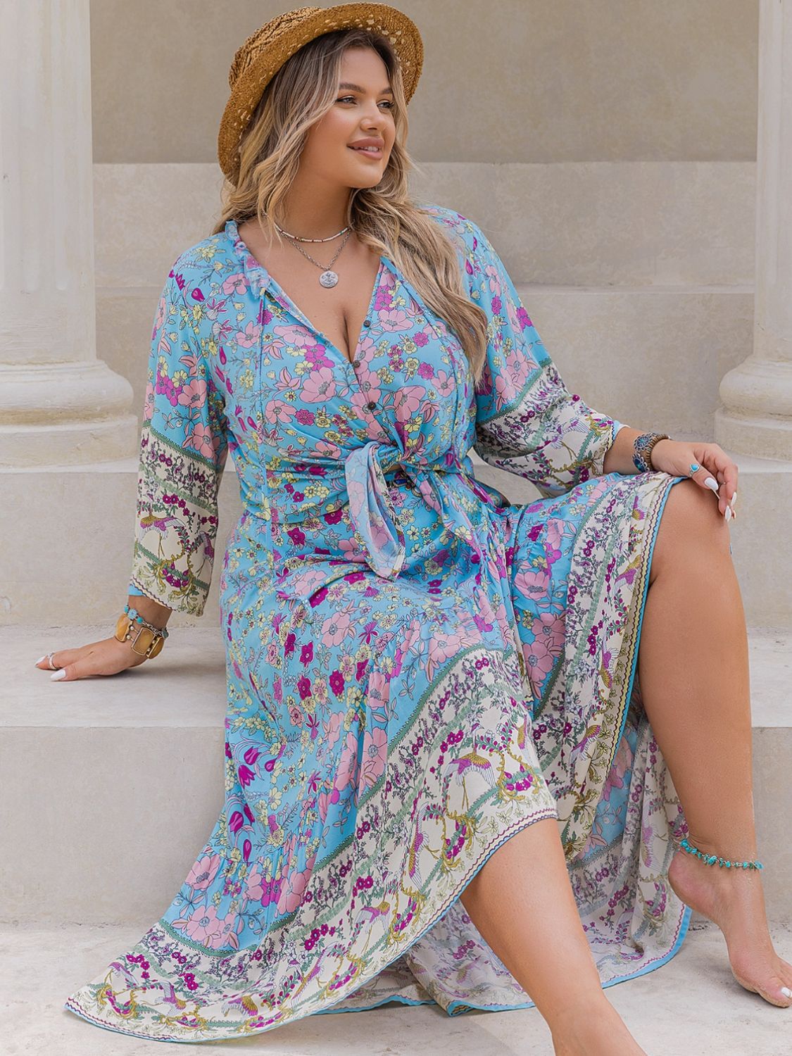 Blue Zone Planet | Plus Size Printed Tie Neck Top and Skirt Set-TOPS / DRESSES-[Adult]-[Female]-2022 Online Blue Zone Planet