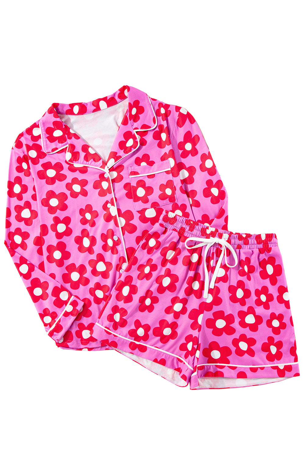 Blue Zone Planet | Pink Flower Print Long Sleeve Shirt Shorts Pajamas Set-Loungewear & Sleepwear/Sleepwear-[Adult]-[Female]-2022 Online Blue Zone Planet