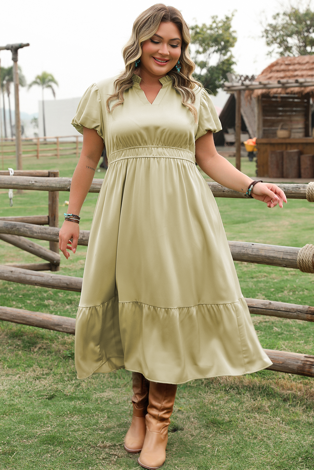 Laurel Green Notched V Neck Puff Sleeve Tiered Plus Size Maxi Dress-TOPS / DRESSES-[Adult]-[Female]-2022 Online Blue Zone Planet