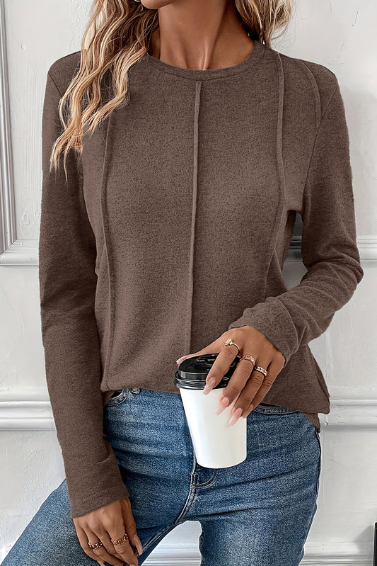 Chicory Coffee Solid Exposed Seam Crew Neck Long Sleeve Top-Tops/Long Sleeve Tops-[Adult]-[Female]-Chicory Coffee-S-2022 Online Blue Zone Planet