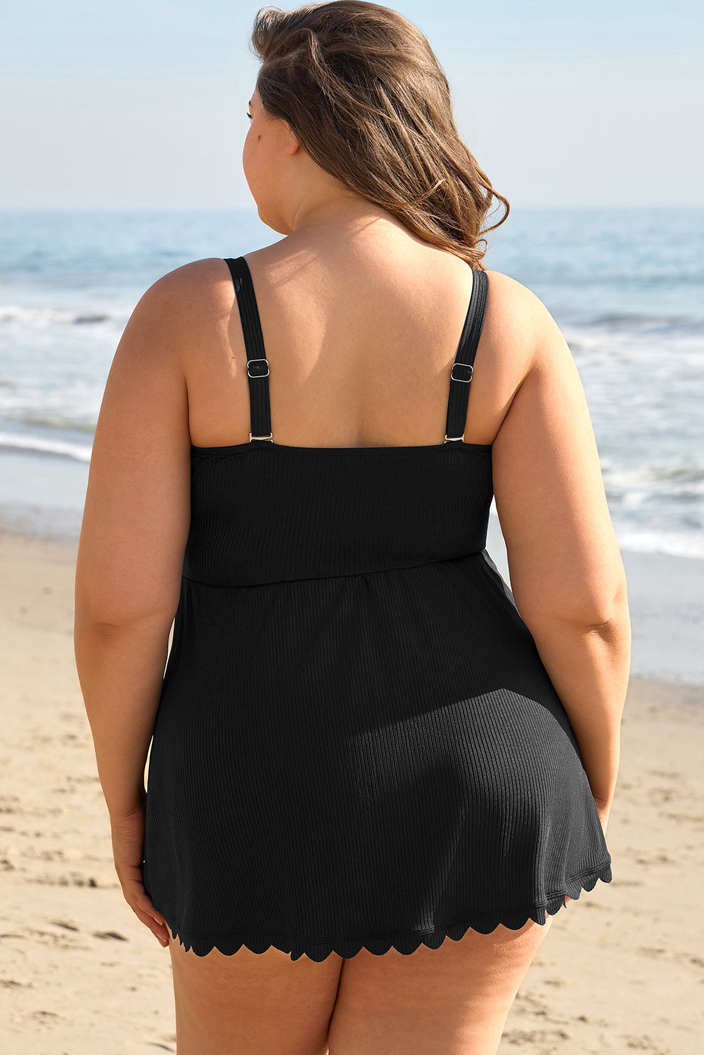 Black Plus Size Textured Scalloped Trim Swim Dress with Panty-TOPS / DRESSES-[Adult]-[Female]-2022 Online Blue Zone Planet