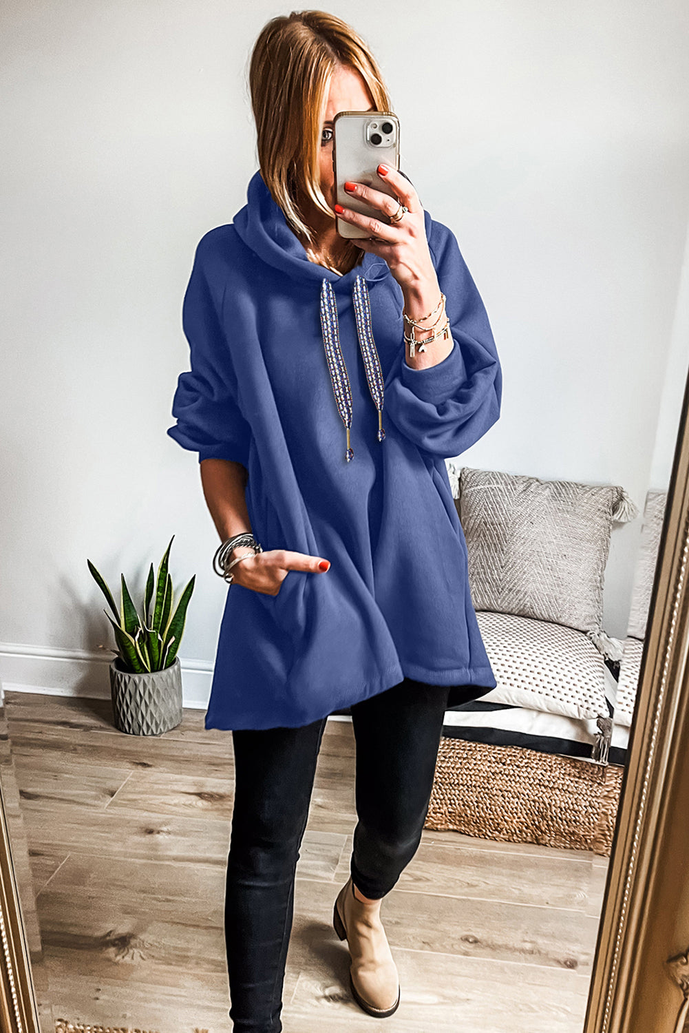 Dirty blue Fleece Lined Adjustable Drawstring Oversize Tunic Hoodie-Tops/Sweatshirts & Hoodies-[Adult]-[Female]-2022 Online Blue Zone Planet