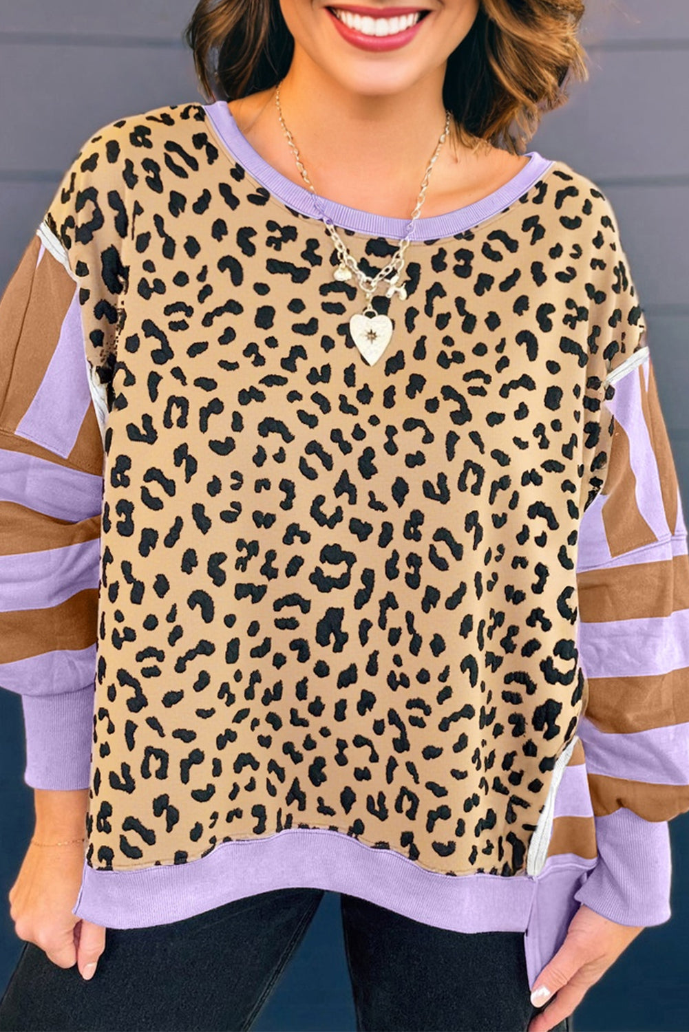 Purple Leopard Striped Patchwork Plus Size Loose Sweatshirt-Plus Size/Plus Size Sweatshirts & Hoodies-[Adult]-[Female]-2022 Online Blue Zone Planet