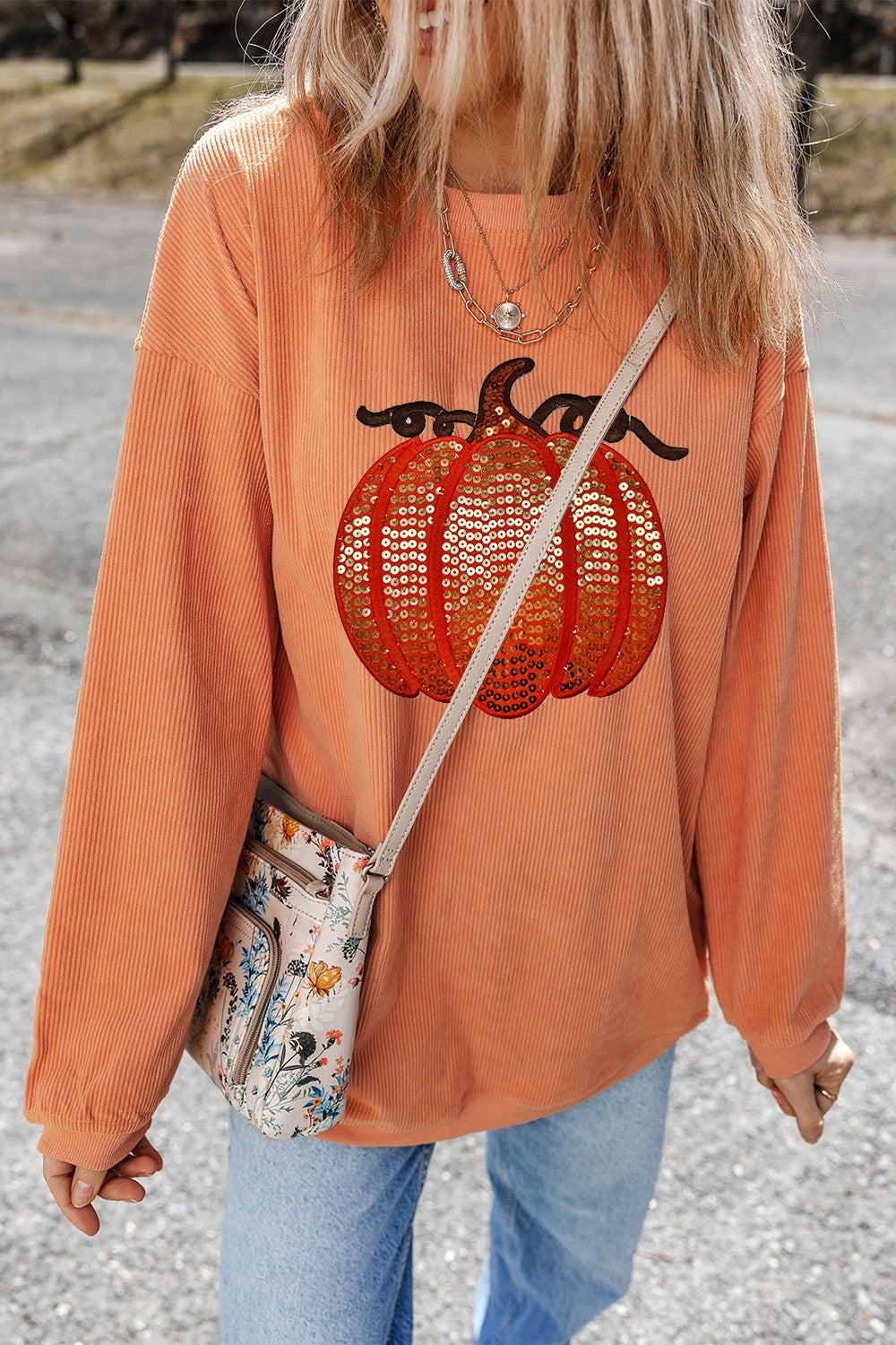 Sequin Pumpkin Round Neck Long Sleeve Sweatshirt-TOPS / DRESSES-[Adult]-[Female]-2022 Online Blue Zone Planet