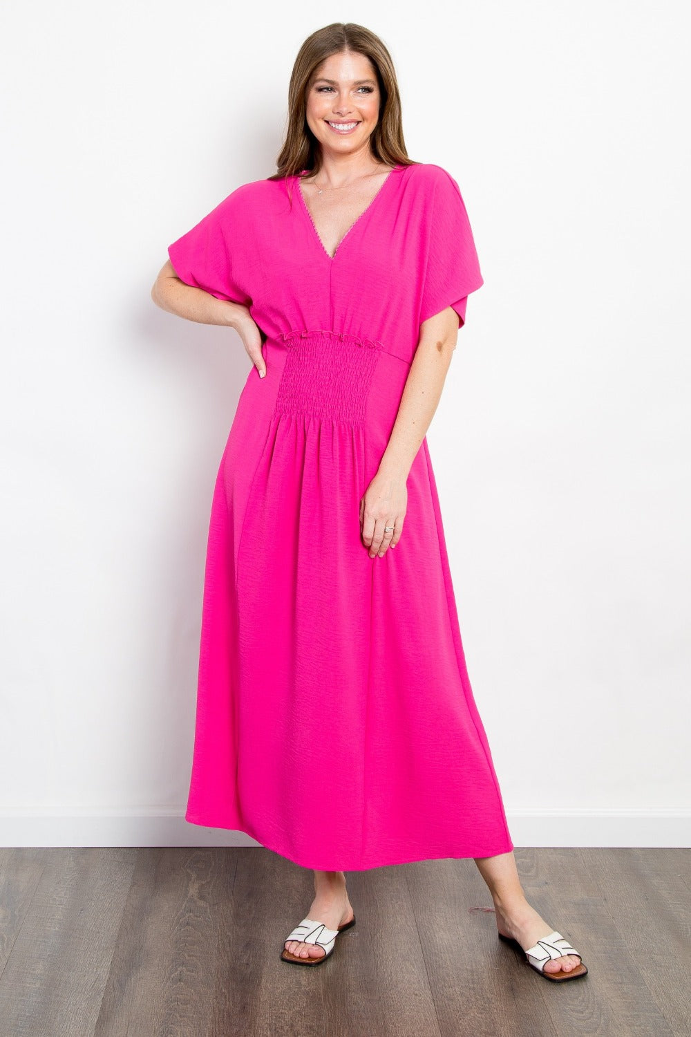 Be Stage Full Size Shirred Front Short Sleeve Maxi Dress-TOPS / DRESSES-[Adult]-[Female]-Fuchsia-S-2022 Online Blue Zone Planet