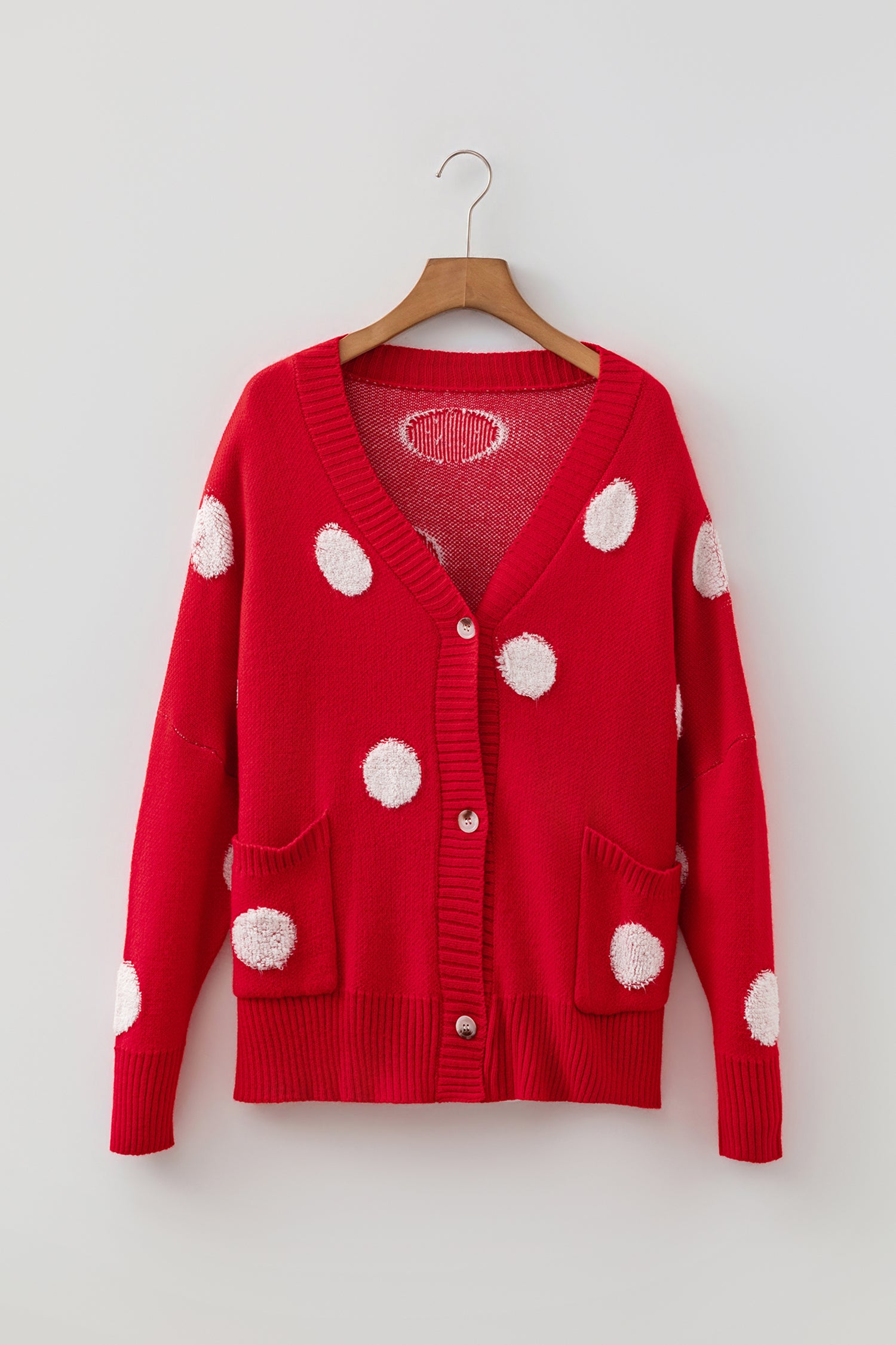 Beige Polka Dot Button Front Oversized V Neck Cardigan-Sweaters & Cardigans/Cardigans-[Adult]-[Female]-2022 Online Blue Zone Planet