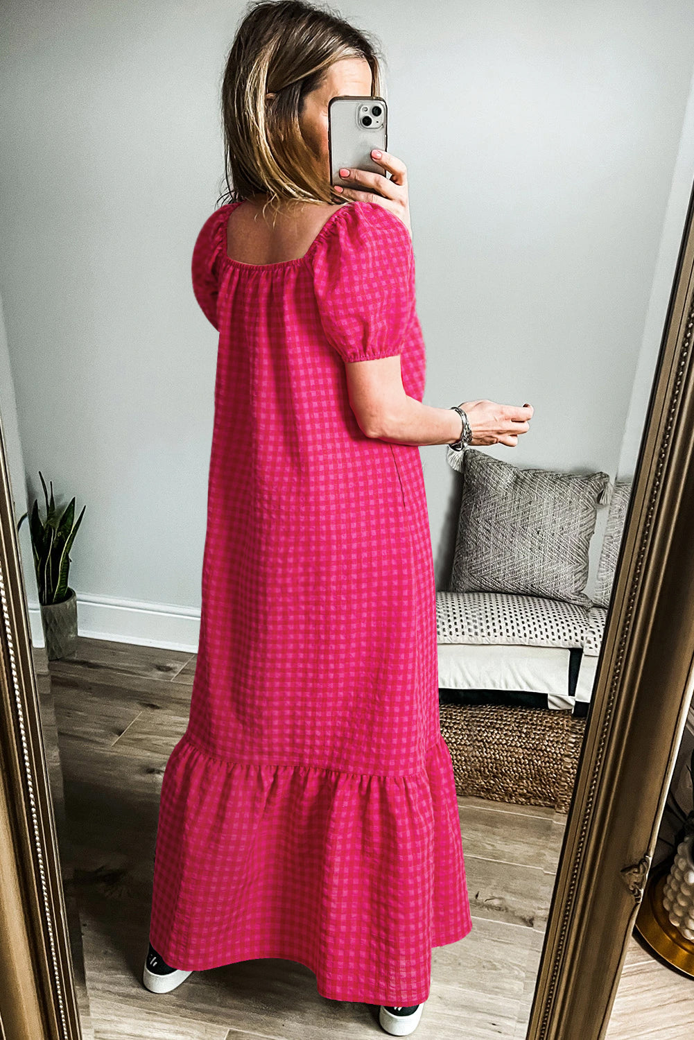 Rose Ginham Check Bubble Sleeve Ruffled Maxi Dress-Dresses/Maxi Dresses-[Adult]-[Female]-2022 Online Blue Zone Planet