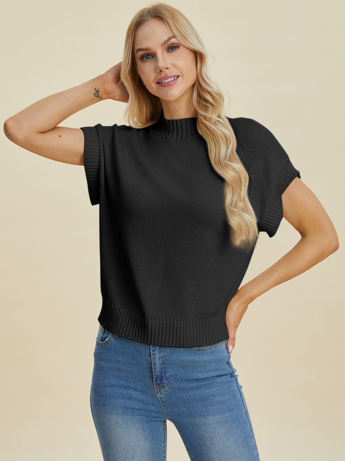 Double Take Full Size Mock Neck Short Sleeve Sweater-TOPS / DRESSES-[Adult]-[Female]-Black-S-2022 Online Blue Zone Planet