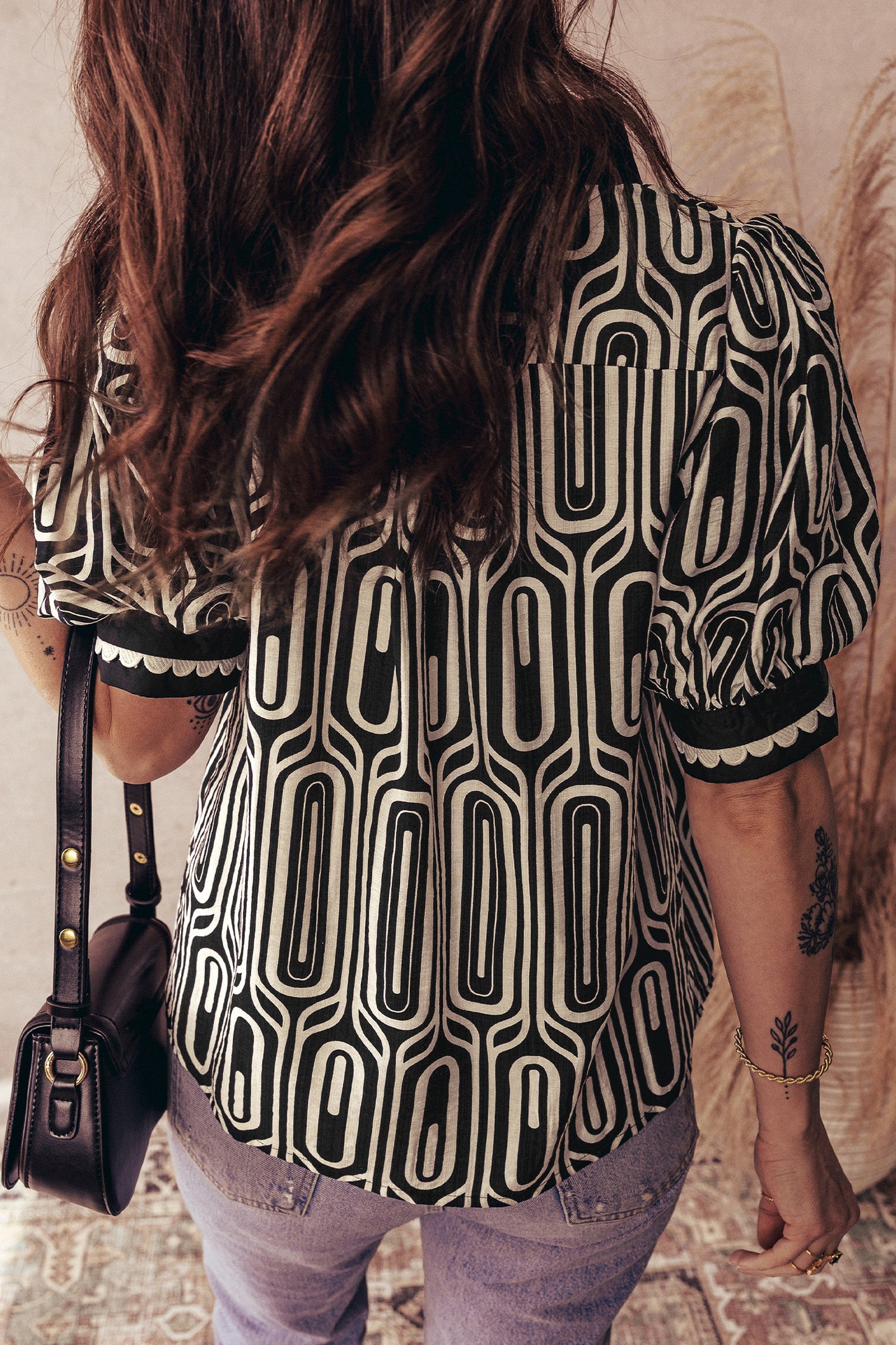 Black Geometric Print Contrast Scallop Color Block Patchwork Short Sleeve Blouse-Tops/Blouses & Shirts-[Adult]-[Female]-2022 Online Blue Zone Planet