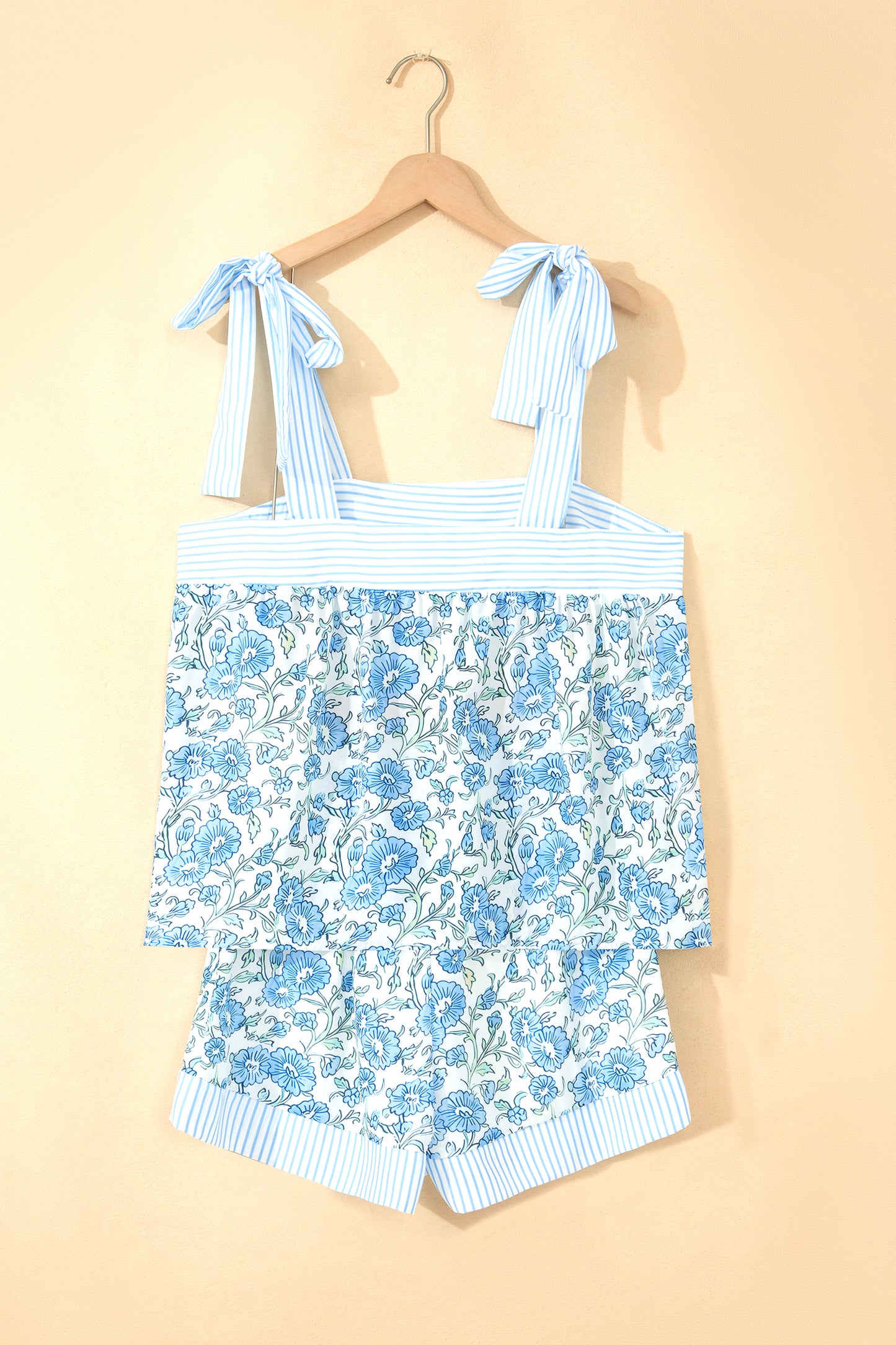 Sky Blue Floral Striped Patchwork Knot Straps 2pcs Short Set-Two Piece Sets/Short Sets-[Adult]-[Female]-2022 Online Blue Zone Planet
