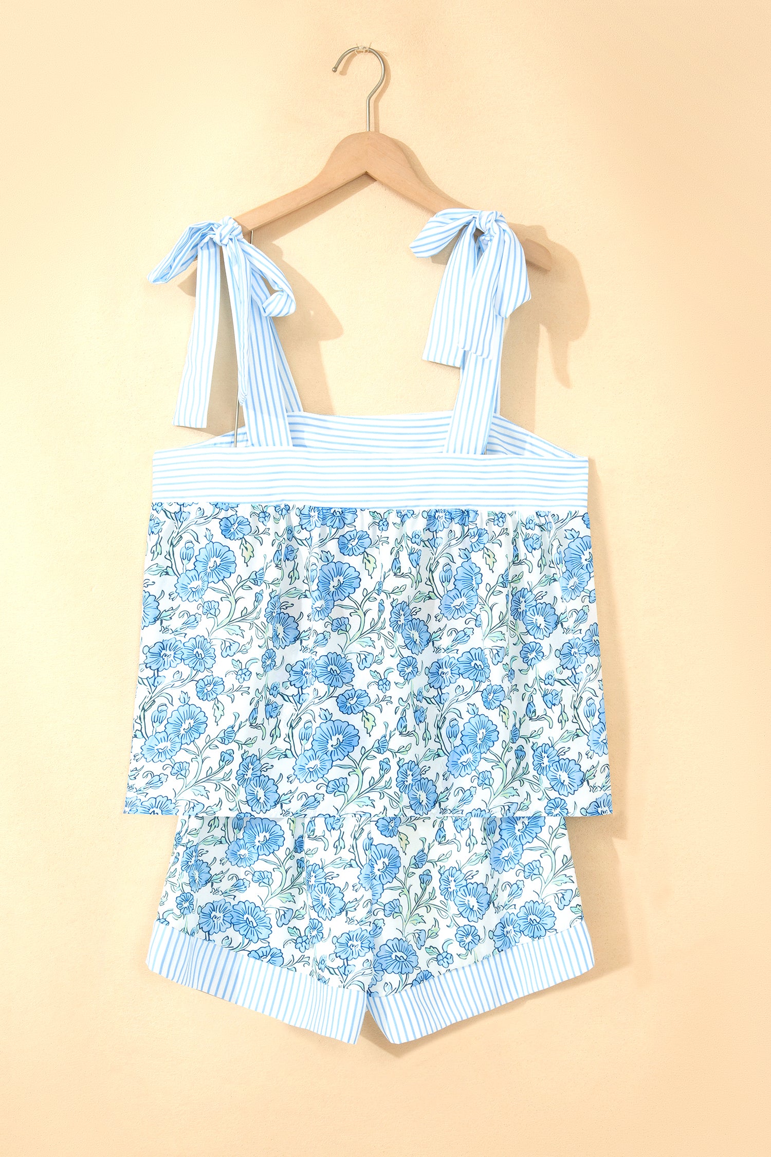 Sky Blue Floral Striped Patchwork Knot Straps 2pcs Short Set-Two Piece Sets/Short Sets-[Adult]-[Female]-2022 Online Blue Zone Planet