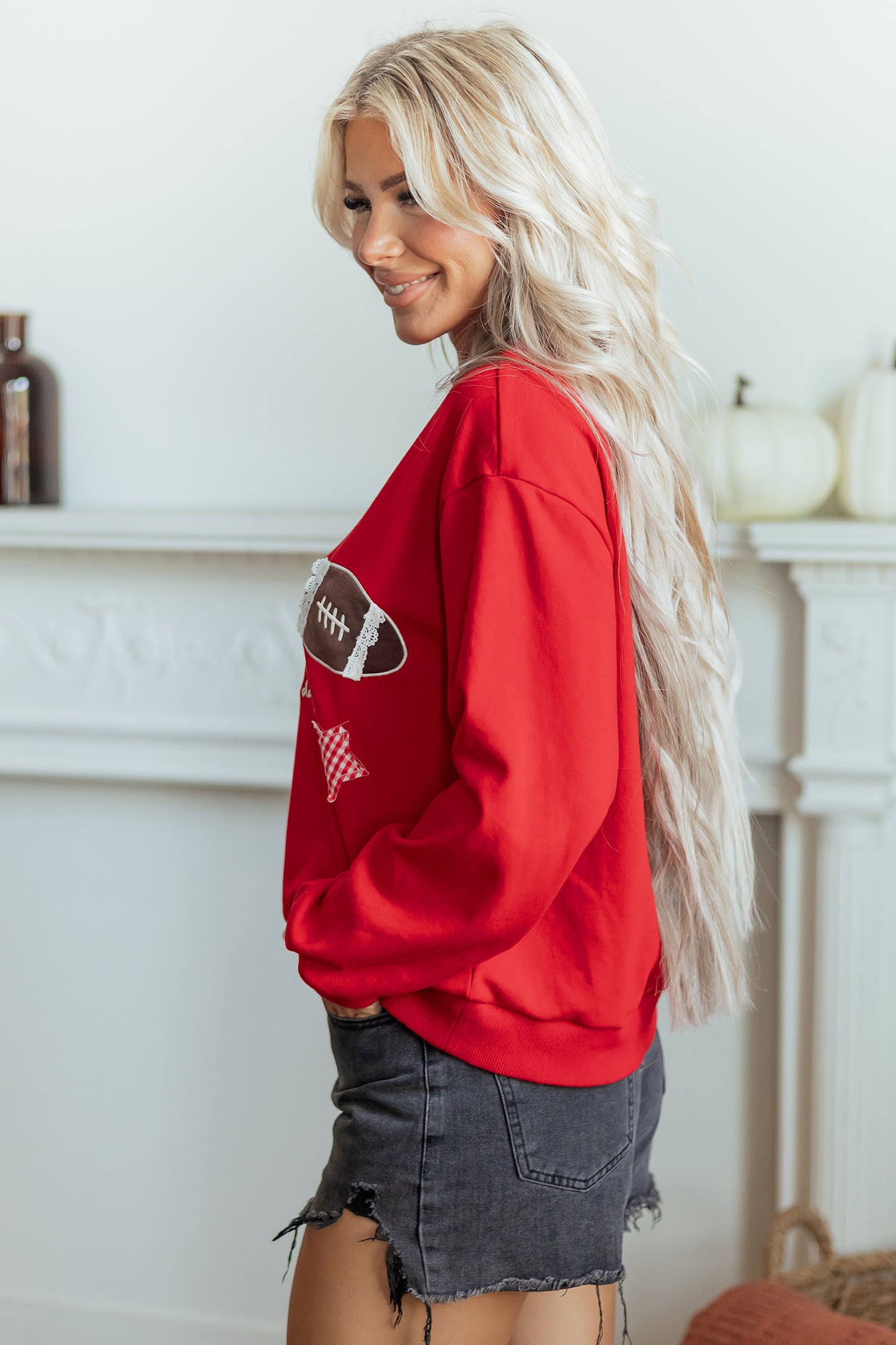 Racing Red Gingham Patch Embroidered Rugby Game Day Stars Sweatshirt-Tops/Sweatshirts & Hoodies-[Adult]-[Female]-2022 Online Blue Zone Planet