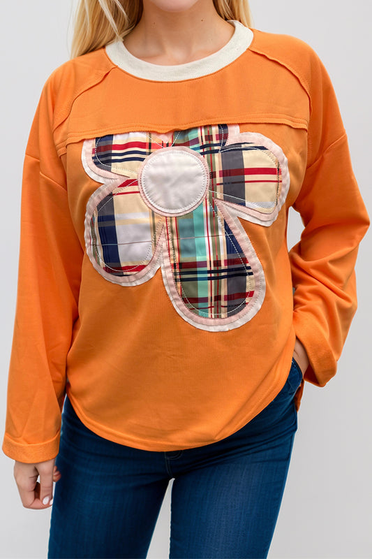 Flower Patch Plaid Round Neck Long Sleeve T-Shirt-TOPS / DRESSES-[Adult]-[Female]-Orange-S-2022 Online Blue Zone Planet