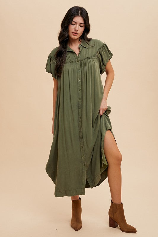 Annie Wear Mineral Washed Button Down Puff Sleeve Shirt Dress-TOPS / DRESSES-[Adult]-[Female]-2022 Online Blue Zone Planet