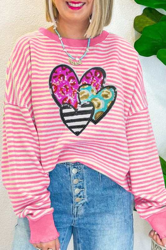 Pink Stripe Leopard Heart Patched Graphic Long Sleeve Top-Graphic Apparel-[Adult]-[Female]-Pink Stripe-S-2022 Online Blue Zone Planet