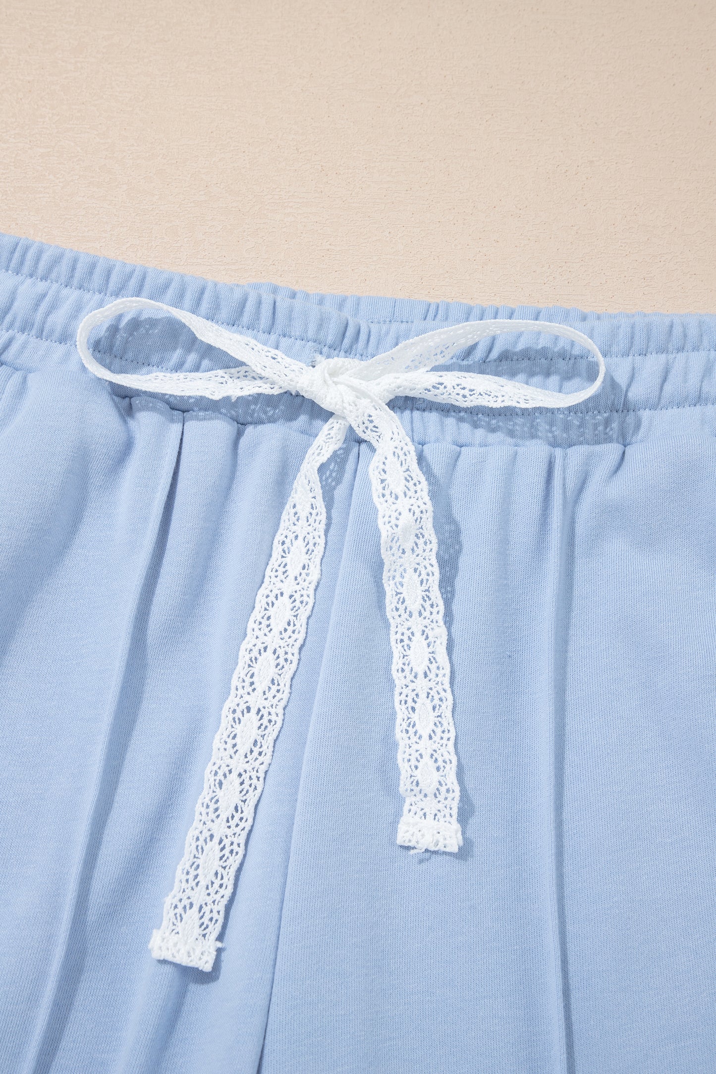 Sky Blue Lace Accent Zipped Collar Short Sleeve Top Sweatpants Set-Two Piece Sets/Pant Sets-[Adult]-[Female]-2022 Online Blue Zone Planet