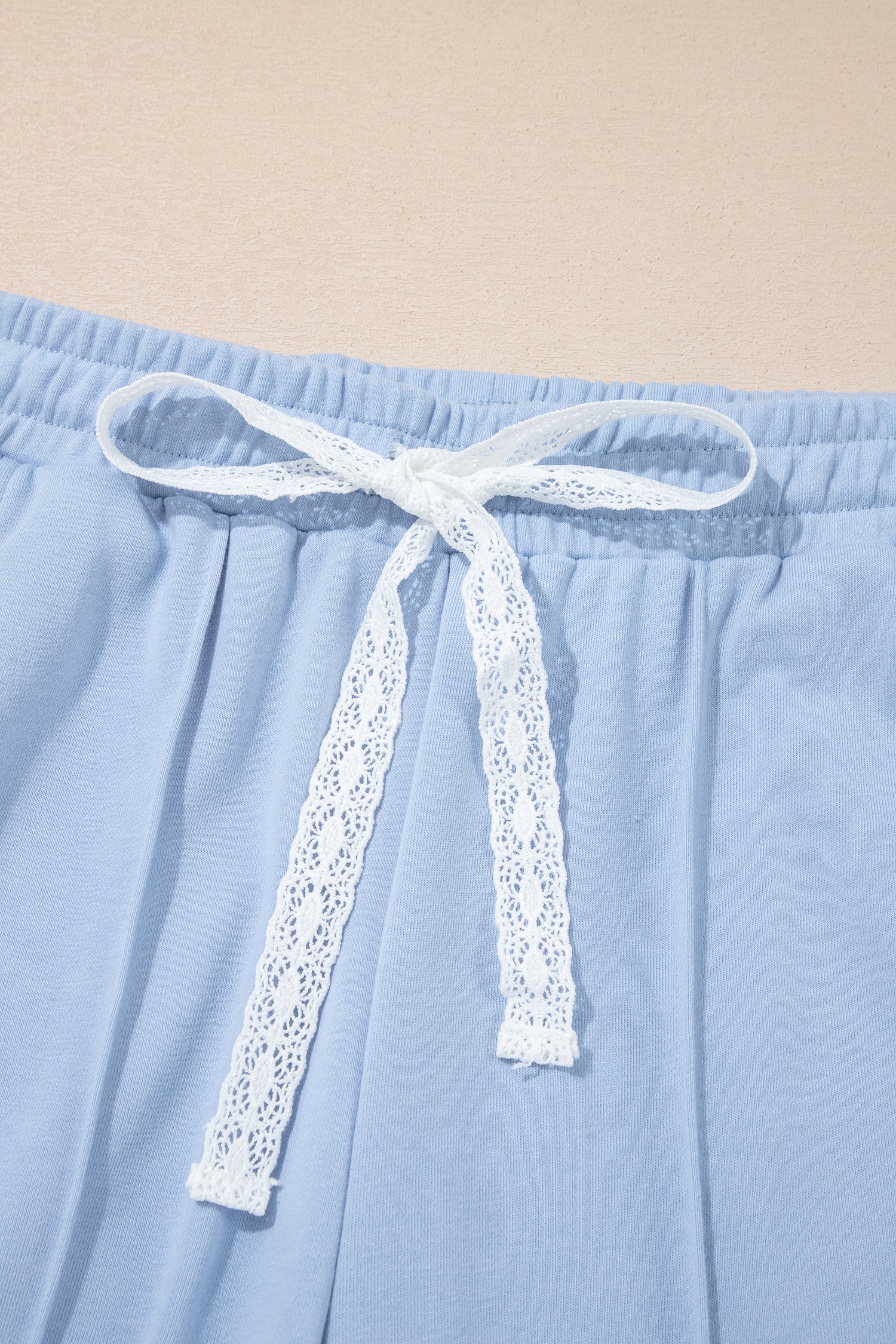 Sky Blue Lace Accent Zipped Collar Short Sleeve Top Sweatpants Set-Two Piece Sets/Pant Sets-[Adult]-[Female]-2022 Online Blue Zone Planet