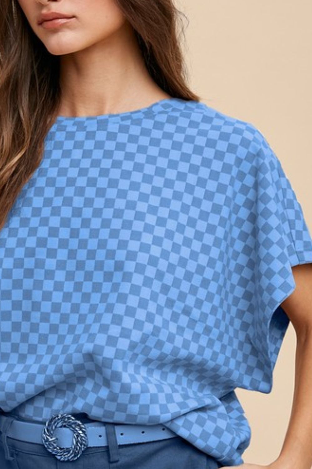 Annie Wear Checkered Round Neck Short Sleeve T-Shirt-TOPS / DRESSES-[Adult]-[Female]-2022 Online Blue Zone Planet