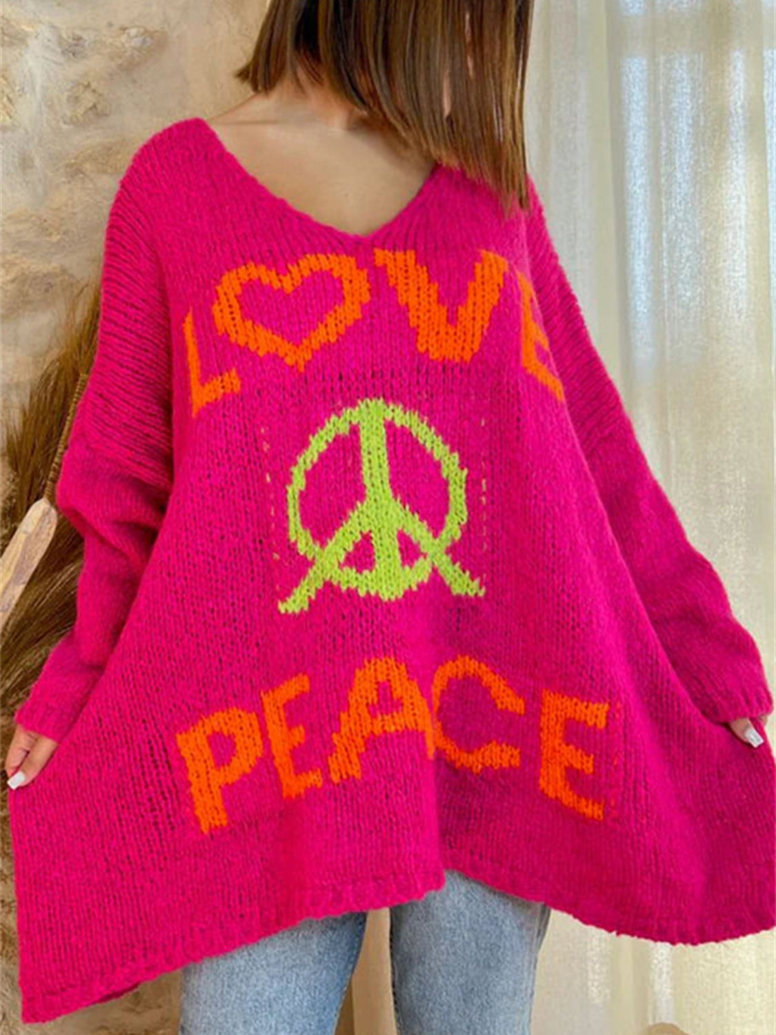 Peace Graphic V-Neck Long Sleeve Sweater-TOPS / DRESSES-[Adult]-[Female]-2022 Online Blue Zone Planet