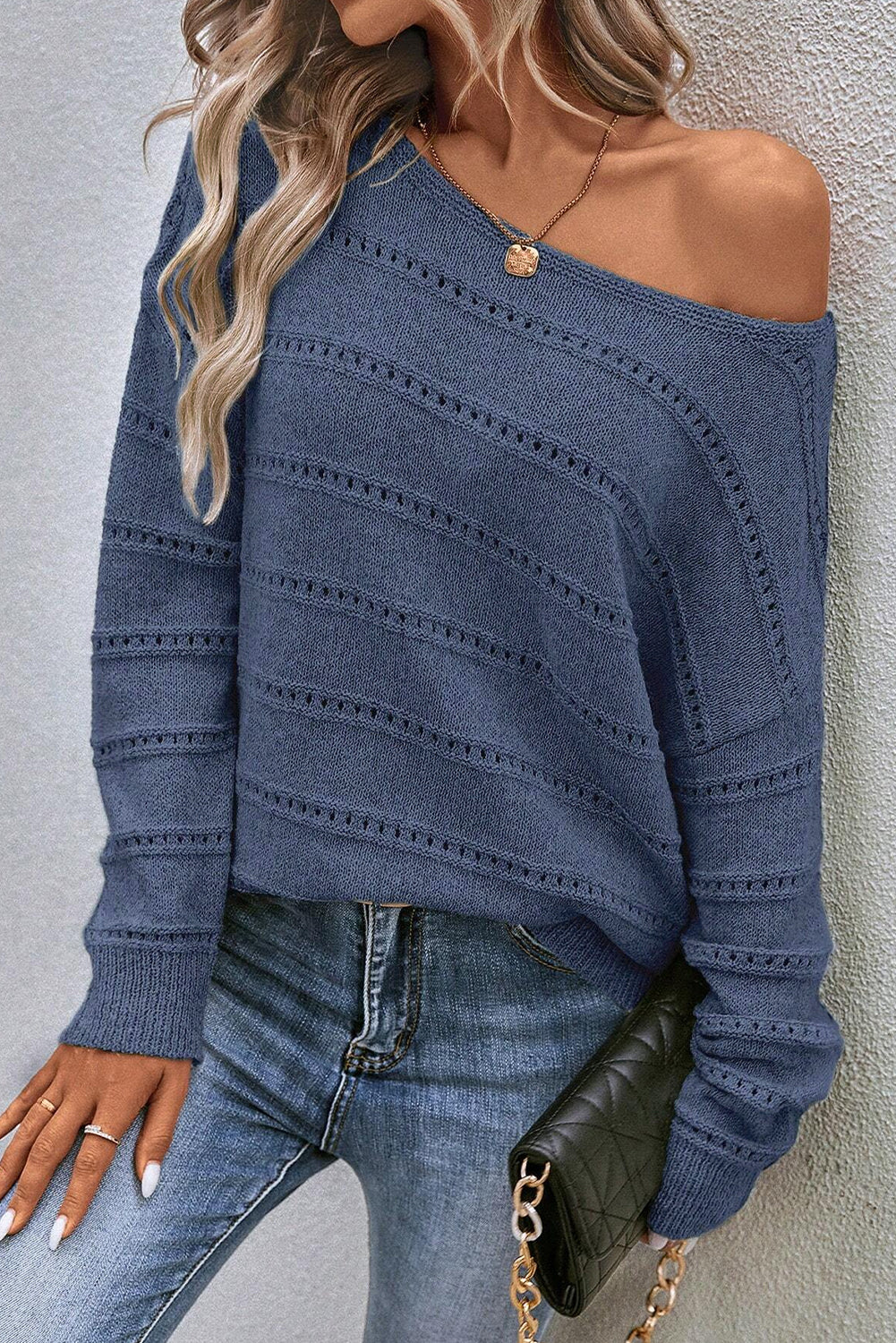 Pale Khaki Boat Neck Drop Shoulder Pointelle Knit Sweater-Sweaters & Cardigans/Sweaters-[Adult]-[Female]-2022 Online Blue Zone Planet